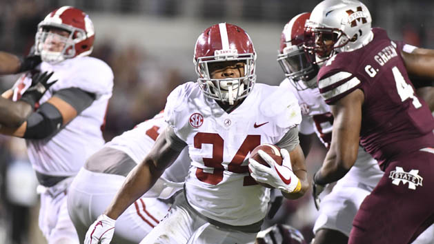 Nov 11, 2017; Starkville, MS, USA; Alabama Crimson Tide running back Damien Harris (34) runs the ball during a play that would result in a touchdown against the Mississippi State Bulldogs during the fourth quarter at Davis Wade Stadium. Photo Credit: Matt Bush-USA TODAY Sports
