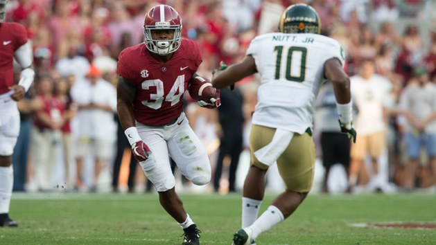 Sep 16, 2017; Tuscaloosa, AL, USA; Alabama Crimson Tide running back Damien Harris (34) carries the ball against Colorado State Rams during the first quarter at Bryant-Denny Stadium. Photo Credit: Marvin Gentry-USA TODAY Sports