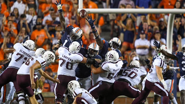Sep 17, 2016; Auburn, AL, USA; Texas A&M Aggies place-kicker Daniel LaCamera (36) kicks a field goal against the Auburn Tigers during the second quarter at Jordan Hare Stadium. Photo Credit: Shanna Lockwood-USA TODAY Sports
