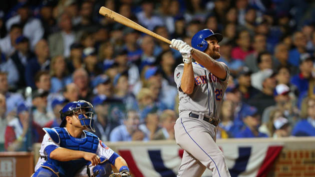 October 20, 2015; Chicago, IL, USA; New York Mets second baseman Daniel Murphy (28) hits a two run home run in the eighth inning against the Chicago Cubs in game four of the NLCS at Wrigley Field. Mandatory Credit: Dennis Wierzbicki-USA TODAY Sports