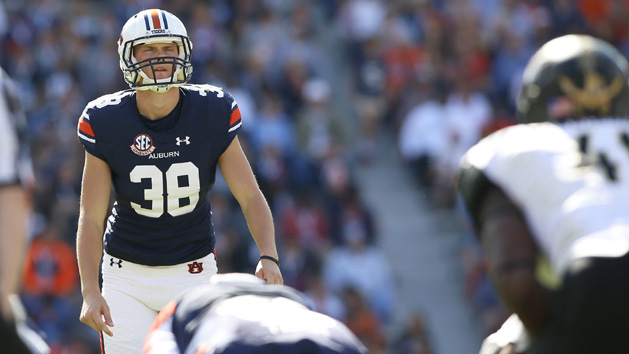 Nov 5, 2016; Auburn, AL, USA; Auburn Tigers kicker Daniel Carlson (38) lines up for a field goal during the fourth quarter against the Vanderbilt Commodores at Jordan Hare Stadium. The Tigers beat the Commodores 23-16. Photo Credit: John Reed-USA TODAY Sports
