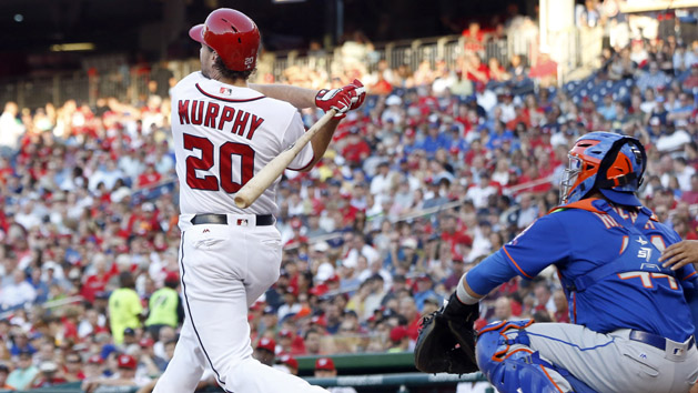 Jun 29, 2016; Washington, DC, USA; Washington Nationals second baseman Daniel Murphy (20) hits a solo home run against the New York Mets in the second inning at Nationals Park. Photo Credit: Geoff Burke-USA TODAY Sports