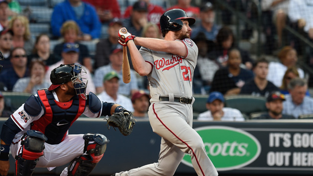 Apr 4, 2016; Atlanta, GA, USA; Washington Nationals second baseman Daniel Murphy (20) drives in the game winning run with a base hit against the Atlanta Braves during the tenth inning at Turner Field. The Nationals defeated the Braves 4-3 in ten innings. Mandatory Credit: Dale Zanine-USA TODAY Sports