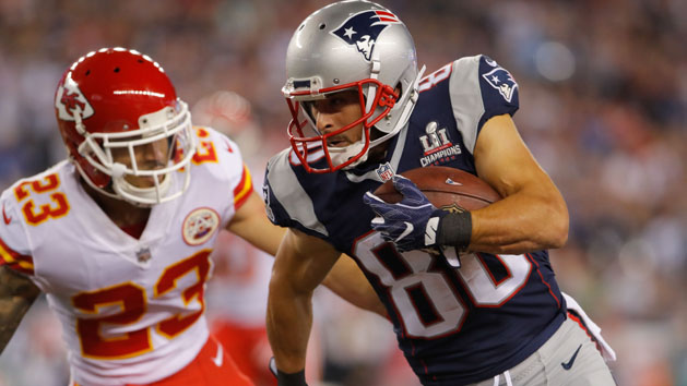 Sep 7, 2017; Foxborough, MA, USA; New England Patriots wide receiver Danny Amendola (80) runs with the ball against Kansas City Chiefs cornerback Phillip Gaines (23) during the third quarter at Gillette Stadium. Photo Credit: David Butler II-USA TODAY Sports