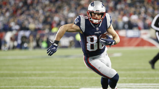 Jan 21, 2018; Foxborough, MA, USA; New England Patriots wide receiver Danny Amendola (80) runs the ball for a touchdown during the fourth quarter against the Jacksonville Jaguars in the AFC Championship Game at Gillette Stadium. Photo Credit: Greg M. Cooper-USA TODAY Sports