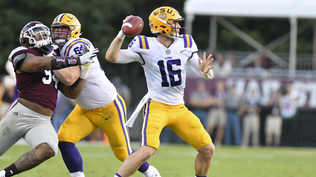 Sep 16, 2017; Starkville, MS, USA; LSU Tigers quarterback Danny Etling (16) makes a pass against the Mississippi State Bulldogs during the first quarter at Davis Wade Stadium. Photo Credit: Matt Bush-USA TODAY Sports