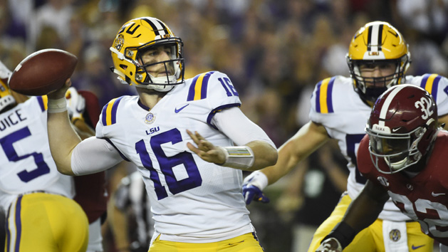 Nov 4, 2017; Tuscaloosa, AL, USA; LSU Tigers quarterback Danny Etling (16) throws under pressure from Alabama Crimson Tide linebacker Rashaan Evans (32) during the first quarter at Bryant-Denny Stadium. Photo Credit: Adam Hagy-USA TODAY Sports