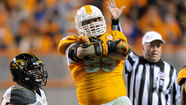 Nov 22, 2014; Knoxville, TN, USA; Tennessee Volunteers defensive lineman Danny O'Brien (95) celebrates during the second half against the Missouri Tigers at Neyland Stadium. Missouri won 29 to 21. Mandatory Credit: Randy Sartin-USA TODAY Sports