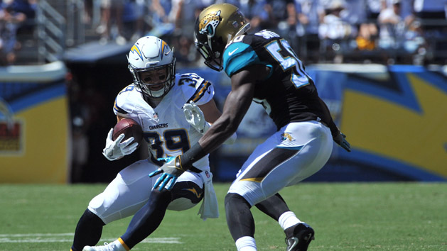 Sep 18, 2016; San Diego, CA, USA; San Diego Chargers running back Danny Woodhead (39) is tackled by Jacksonville Jaguars outside linebacker Telvin Smith (50) during the first quarter of the game at Qualcomm Stadium. Danny Woodhead would be injured on the play. Photo Credit: Orlando Ramirez-USA TODAY Sports
