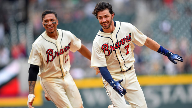 May 20, 2018; Atlanta, GA, USA; Atlanta Braves shortstop Dansby Swanson (7) reacts with third baseman Johan Camargo (17) after getting the game winning hit against the Miami Marlins during the ninth inning at SunTrust Park. Photo Credit: Dale Zanine-USA TODAY Sports