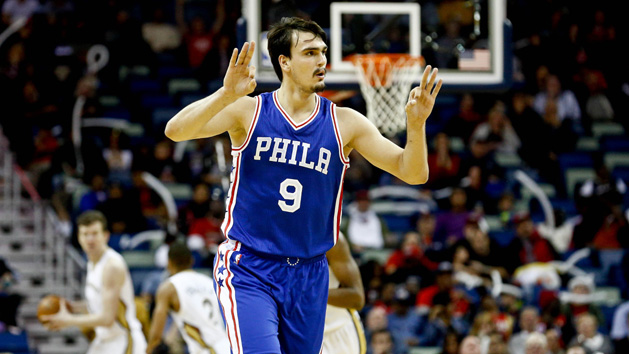 Dec 8, 2016; New Orleans, LA, USA; Philadelphia 76ers forward Dario Saric (9) celebrates after a three point basket against the New Orleans Pelicans during the second half of a game at the Smoothie King Center. The 76ers defeated the Pelicans 99-88. Photo Credit: Derick E. Hingle-USA TODAY Sports