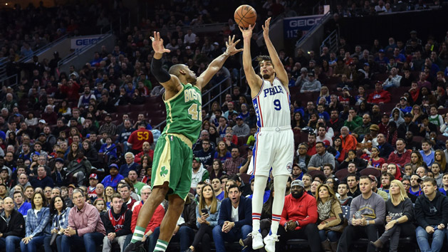 Mar 19, 2017; Philadelphia, PA, USA; Philadelphia 76ers forward Dario Saric (9) shoots the ball as Boston Celtics center Al Horford (42) defends during the fourth quarter of the game at the Wells Fargo Center. The 76ers won 105-99. Photo Credit: John Geliebter-USA TODAY Sports