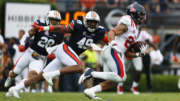 Oct 7, 2017; Auburn, AL, USA; Auburn Tigers linebacker Darrell Williams (49) chases Ole Miss Rebels running back Jordan Wilkins (22) during the second quarter at Jordan-Hare Stadium. Photo Credit: John Reed-USA TODAY Sports