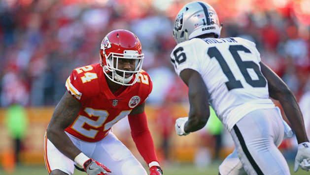Dec 10, 2017; Kansas City, MO, USA; Kansas City Chiefs cornerback Darrelle Revis (24) defends Oakland Raiders wide receiver Johnny Holton (16) in the second half at Arrowhead Stadium. Photo Credit: Jay Biggerstaff-USA TODAY Sports