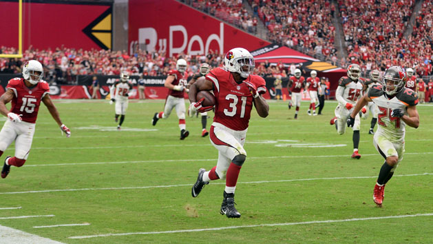 Sep 18, 2016; Glendale, AZ, USA; Arizona Cardinals running back David Johnson (31) runs with the ball against the Tampa Bay Buccaneers during the second half at University of Phoenix Stadium. The Cardinals won 40-7. Photo Credit: Joe Camporeale-USA TODAY Sports