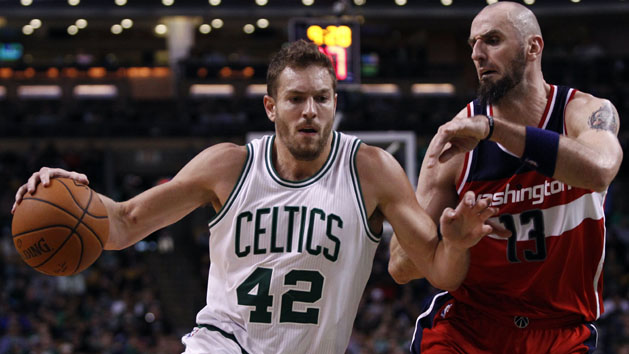 Nov 6, 2015; Boston, MA, USA; Boston Celtics forward David Lee (42) drives to the basket against Washington Wizards center Marcin Gortat (13) during the second half at TD Garden. Photo Credit: Mark L. Baer-USA TODAY Sports
