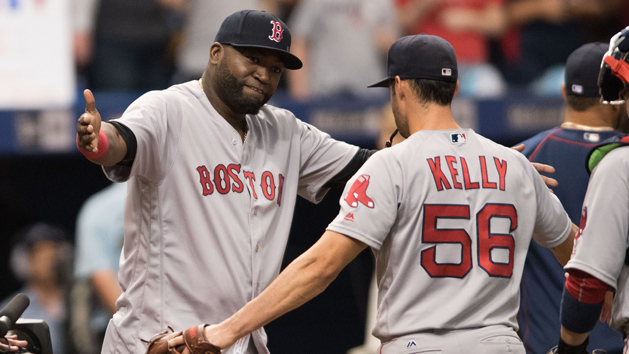 Sep 25, 2016; St. Petersburg, FL, USA; Boston Red Sox designated hitter David Ortiz (34) congratulates winning pitcher Joe Kelly (56) on a win against the Tampa Bay Rays at Tropicana Field. Photo Credit: Jeff Griffith-USA TODAY Sports