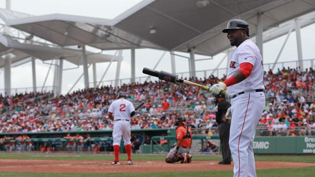 Mar 28, 2016; Fort Myers, FL, USA; Boston Red Sox designated hitter David Ortiz (34) on deck to bat during the first inning against the Baltimore Orioles at JetBlue Park. Mandatory Credit: Kim Klement-USA TODAY Sports