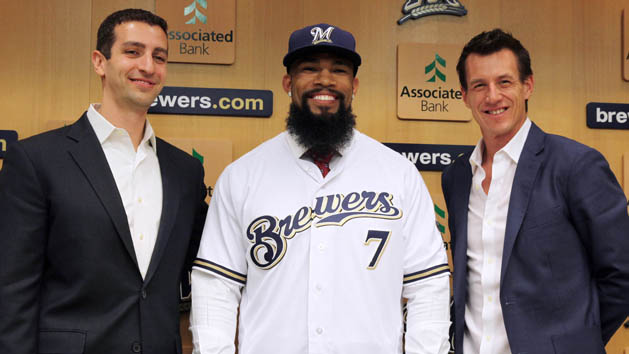 Nov 29, 2016; Milwaukee, WS, USA; Eric Thames is introduced as a Milwaukee Brewer by general manager David Stearns (left) and coach Craig Counsel (right) during a press conference in Milwaukee. Photo Credit: Rick Wood/Milwaukee Journal Sentinel via USA TODAY NETWORK