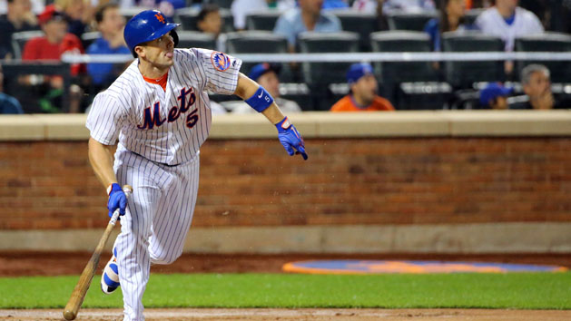 Sep 14, 2015; New York City, NY, USA; New York Mets third baseman David Wright (5) heads to first on a double to deep right center during the first inning against the Miami Marlins at Citi Field. Mandatory Credit: Anthony Gruppuso-USA TODAY Sports