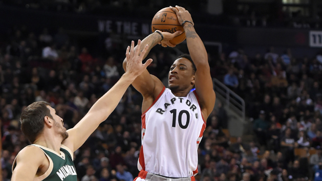 Dec 12, 2016; Toronto, Ontario, CAN; Toronto Raptors guard DeMar DeRozan (10) shoots for a basket over Milwaukee Bucks forward Mirza Teletovic (35) during the second half at Air Canada Centre. The Raptors won 122-100. Photo Credit: Dan Hamilton-USA TODAY Sports