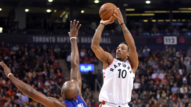 Jan 17, 2018; Toronto, Ontario, CAN; Toronto Raptors guard DeMar DeRozan (10) shoots for a basket over Detroit Pistons forward Anthony Tolliver (43) in the second half at Air Canada Centre. Photo Credit: Dan Hamilton-USA TODAY Sports