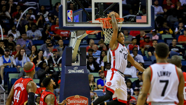 Mar 26, 2016; New Orleans, LA, USA; Toronto Raptors guard DeMar DeRozan (10) dunks against the New Orleans Pelicans during the second half of a game at the Smoothie King Center. The Raptors defeated the Pelicans 115-91. Mandatory Credit: Derick E. Hingle-USA TODAY Sports