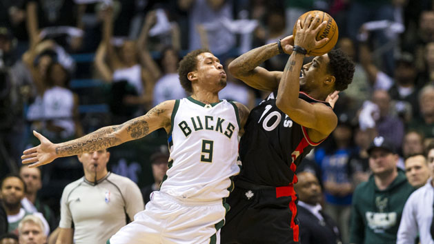 Apr 22, 2017; Milwaukee, WI, USA; Milwaukee Bucks forward Michael Beasley (9) defends Toronto Raptors guard DeMar DeRozan (10) during the fourth quarter in game four of the first round of the 2017 NBA Playoffs at BMO Harris Bradley Center. Photo Credit: Jeff Hanisch-USA TODAY Sports