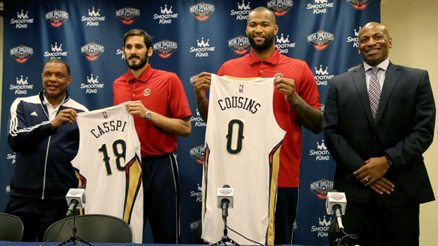 Feb 22, 2017; Metairie, LA, USA; Omri Casspi (18) and DeMarcus Cousins (0) were introduced by the New Orleans Pelicans at a press conference at the New Orleans Pelicans Practice Facility by head coach Alvin Gentry, left, and general manager Dell Demps, right. They came to the Pelicans in a trade from the Sacramento Kings. Photo Credit: Chuck Cook-USA TODAY Sports