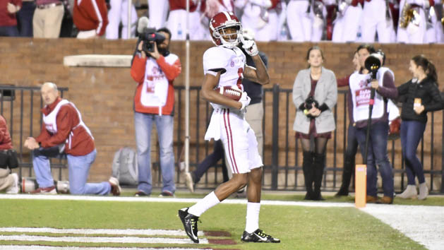 Nov 11, 2017; Starkville, MS, USA; Alabama Crimson Tide wide receiver DeVonta Smith (6) reacts after scoring a touchdown against the Mississippi State Bulldogs during the fourth quarter at Davis Wade Stadium. Photo Credit: Matt Bush-USA TODAY Sports