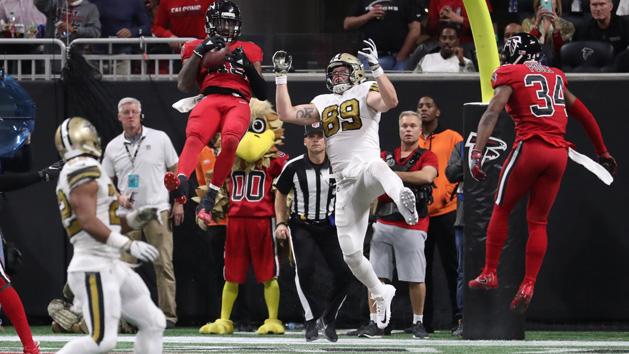 Dec 7, 2017; Atlanta, GA, USA; Atlanta Falcons linebacker Deion Jones (45) intercepts a pass intended for New Orleans Saints tight end Josh Hill (89) in the fourth quarter at Mercedes-Benz Stadium. Photo Credit: Jason Getz-USA TODAY Sports