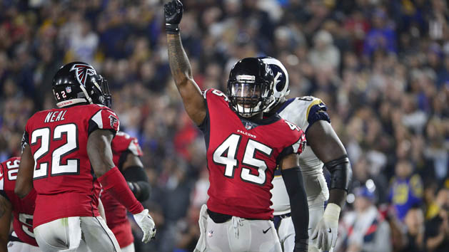 January 6, 2018; Los Angeles, CA, USA; Atlanta Falcons middle linebacker Deion Jones (45) reacts after a defensive play against the Los Angeles Rams during the second half in the NFC Wild Card playoff football game at the Los Angeles Memorial Coliseum. Photo Credit: Gary A. Vasquez-USA TODAY Sports