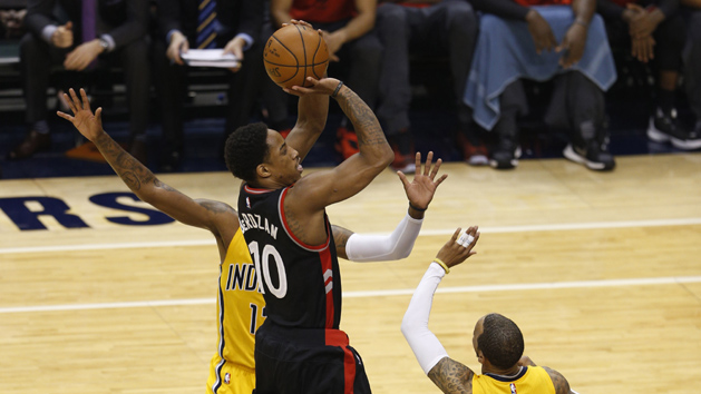Apr 21, 2016; Indianapolis, IN, USA; Toronto Raptors forward DeMar DeRozan (10) takes a shot against Indiana Pacers guard Monta Ellis (11) in the first quarter in game three of the first round of the 2016 NBA Playoffs at Bankers Life Fieldhouse. Mandatory Credit: Brian Spurlock-USA TODAY Sports