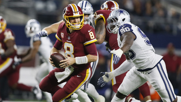 Nov 30, 2017; Arlington, TX, USA; Washington Redskins quarterback Kirk Cousins (8) is rushed by Dallas Cowboys defensive end DeMarcus Lawrence (90) in the second quarter at AT&T Stadium. Photo Credit: Tim Heitman-USA TODAY Sports