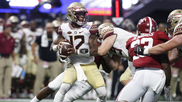 Sep 2, 2017; Atlanta, GA, USA; Florida State Seminoles quarterback Deondre Francois (12) looks to throw against the Alabama Crimson Tide in the first quarter at Mercedes-Benz Stadium. Photo Credit: Brett Davis-USA TODAY Sports