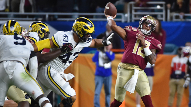 Dec 30, 2016; Miami Gardens, FL, USA; Florida State Seminoles quarterback Deondre Francois (12) attempts a pass against the Michigan Wolverines during the first half at Hard Rock Stadium. Photo Credit: Jasen Vinlove-USA TODAY Sports