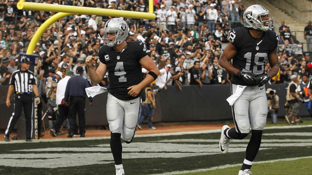Nov 1, 2015; Oakland, CA, USA; Oakland Raiders quarterback Derek Carr (4) reacts after throwing a touchdown pass against the New York Jets in the third quarter at O.co Coliseum. The Raiders defeated the Jets 34-20. Photo Credit: Cary Edmondson-USA TODAY Sports