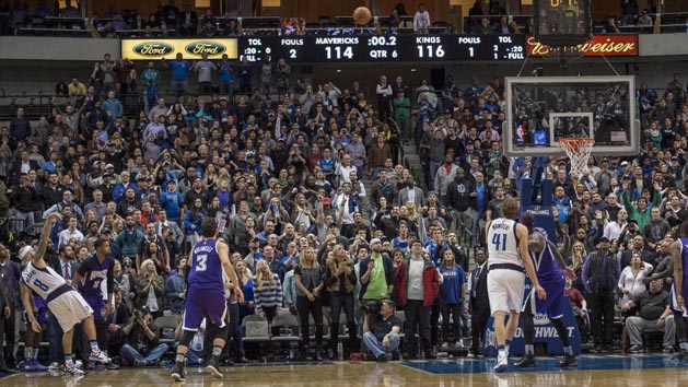 Jan 5, 2016; Dallas, TX, USA; Dallas Mavericks guard Deron Williams (8) makes a game winning three point shot during the second overtime against the Sacramento Kings at the American Airlines Center. The Mavericks defeat the Kings 117-116 in double overtime. Mandatory Credit: Jerome Miron-USA TODAY Sports
