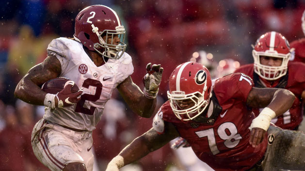 Oct 3, 2015; Athens, GA, USA; Alabama Crimson Tide running back Derrick Henry (2) runs the ball past Georgia Bulldogs defensive tackle Trenton Thompson (78) during the third quarter at Sanford Stadium. Mandatory Credit: Dale Zanine-USA TODAY Sports