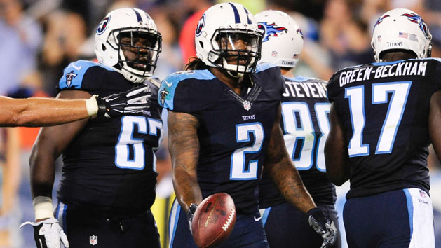 Aug 13, 2016; Nashville, TN, USA; Tennessee Titans running back Derrick Henry (2) celebrates after scoring a touchdown during the first half against San Diego Chargers at Nissan Stadium. Photo Credit: Joshua Lindsey-USA TODAY Sports