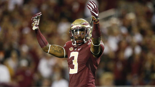 Sep 5, 2016; Orlando, FL, USA; Florida State Seminoles defensive back Derwin James (3) celebrates after a play in the fourth quarter against the Mississippi Rebels at Camping World Stadium. Florida State Seminoles won 45-34. Mandatory Credit: Logan Bowles-USA TODAY Sports