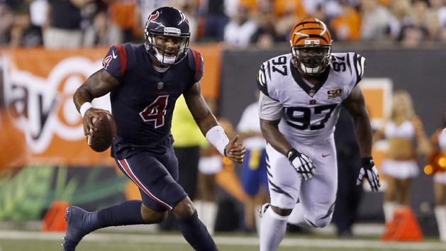 Sep 14, 2017; Cincinnati, OH, USA; Houston Texans quarterback Deshaun Watson (4) runs against Cincinnati Bengals defensive tackle Geno Atkins (97) during the second half at Paul Brown Stadium. Photo Credit: David Kohl-USA TODAY Sports