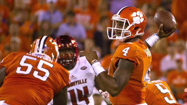 Oct 1, 2016; Clemson, SC, USA; Clemson Tigers quarterback Deshaun Watson (4) looks to pass the ball during the third quarter against the Louisville Cardinals at Clemson Memorial Stadium. Photo Credit: Joshua S. Kelly-USA TODAY Sports