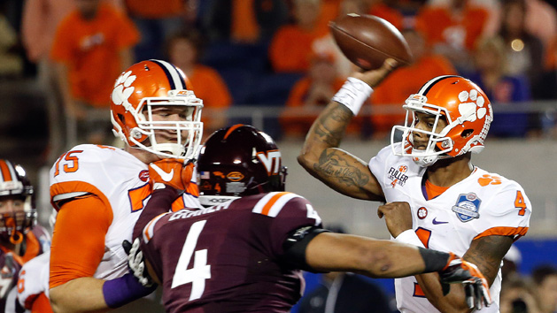 Dec 3, 2016; Orlando, FL, USA; Clemson Tigers quarterback Deshaun Watson (4) throws the ball against the Virginia Tech Hokies during the first half of the ACC Championship college football game at Camping World Stadium. Photo Credit: Kim Klement-USA TODAY Sports