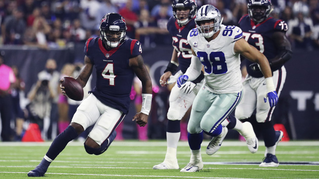 Oct 7, 2018; Houston, TX, USA; Houston Texans quarterback Deshaun Watson (4) runs past Dallas Cowboys defensive end Tyrone Crawford (98) during the first quarter at NRG Stadium. Photo Credit: Kevin Jairaj-USA TODAY Sports