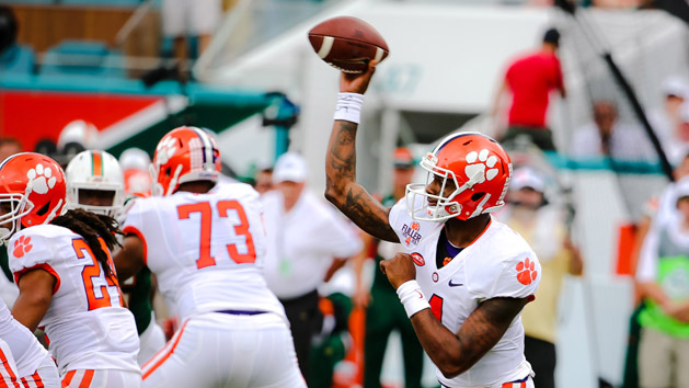 Oct 24, 2015; Miami Gardens, FL, USA; Clemson Tigers quarterback Deshaun Watson (4) throws a pass against the Miami Hurricanes during the second half at Sun Life Stadium. Mandatory Credit: Steve Mitchell-USA TODAY Sports