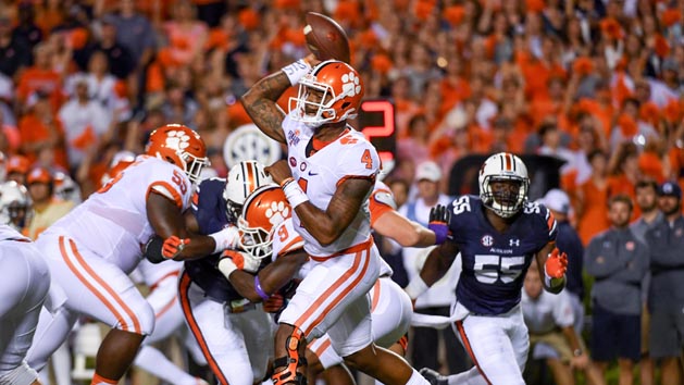 Sep 3, 2016; Auburn, AL, USA; Clemson Tigers quarterback Deshaun Watson (4) passes the ball against the Auburn Tigers during the first quarter at Jordan Hare Stadium. Photo Credit: Shanna Lockwood-USA TODAY Sports