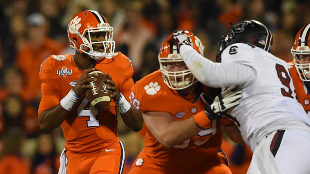Nov 26, 2016; Clemson, SC, USA; Clemson Tigers quarterback Deshaun Watson (4) drops back to pass during the second quarter against the South Carolina Gamecocks at Clemson Memorial Stadium. Mandatory Credit: Tommy Gilligan-USA TODAY Sports
