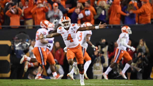 Jan 9, 2017; Tampa, FL, USA; Clemson Tigers quarterback Deshaun Watson (4) celebrates during the fourth quarter against the Alabama Crimson Tide in the 2017 College Football Playoff National Championship Game at Raymond James Stadium. Photo Credit: John David Mercer-USA TODAY Sports