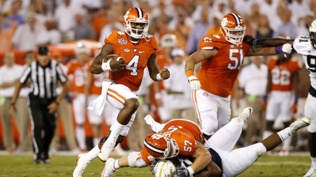 Sep 22, 2016; Atlanta, GA, USA; Clemson Tigers quarterback Deshaun Watson (4) runs the ball against the Georgia Tech Yellow Jackets in the first quarter at Bobby Dodd Stadium. Photo Credit: Brett Davis-USA TODAY Sports